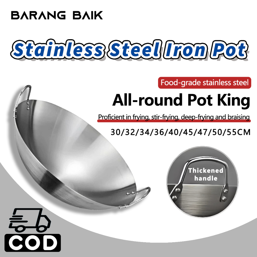 30-55cm Double Ear 304 Stainless Steel High-quality Frying Wok Restaurant Household Gas Stove Suitable