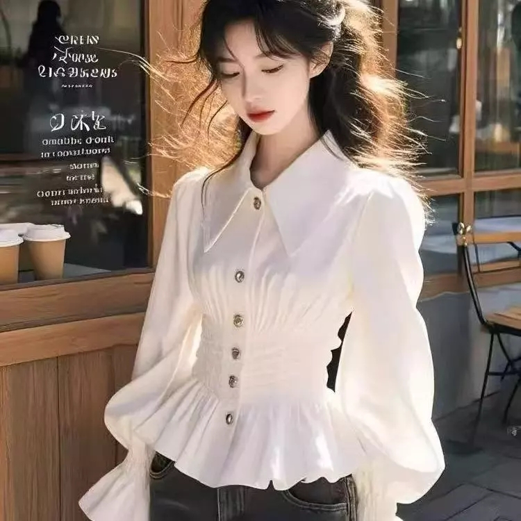 (In Stock) Korean Women's Retro Slim Waist White Blouse