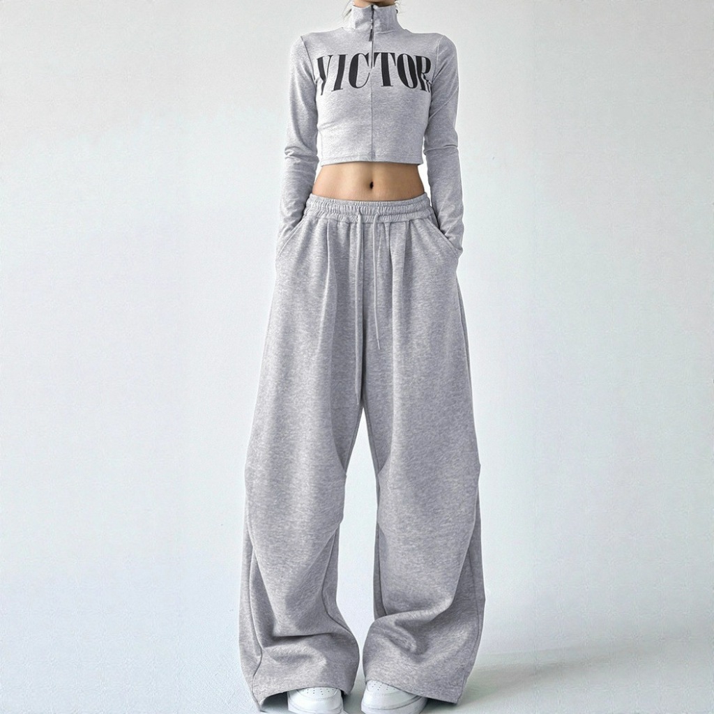GDTIMA Korean Baggy Pants for Women High Waist Loose Wide Leg Trousers Elastic Casual Gray Pants