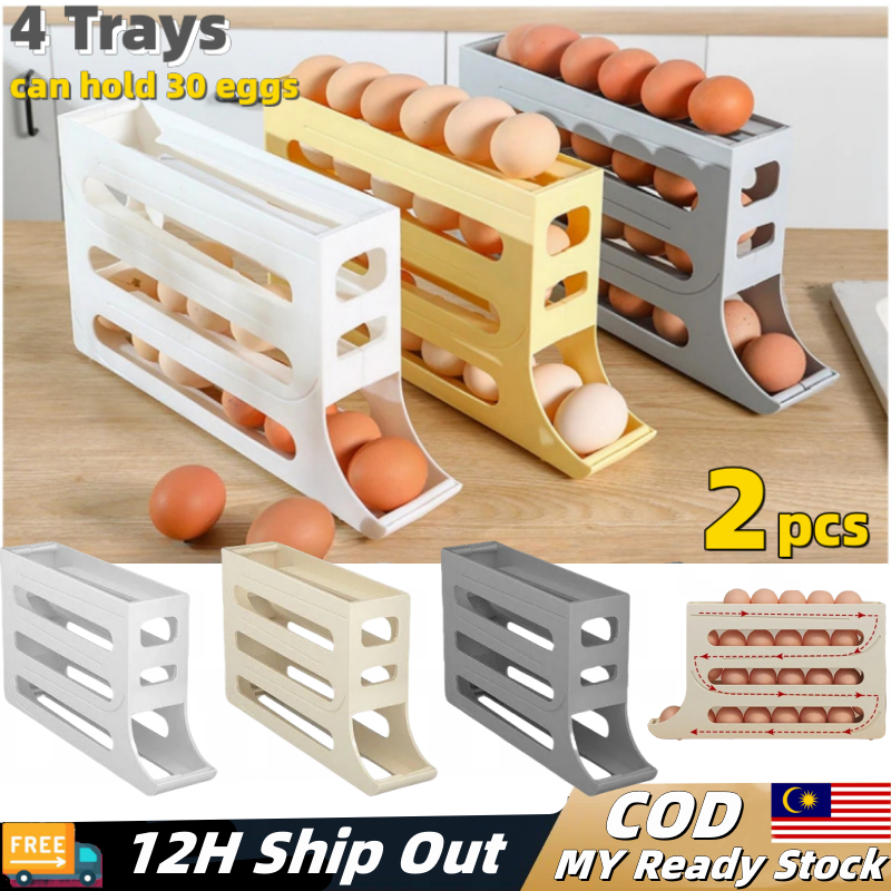 (Ship in 12H) Automatic Scrolling Egg Storage Dispenser 30 Grids Large Capacity Refrigerator Egg Storage Organizer Saving Space Eggs Rack Tray 鸡蛋收纳盒