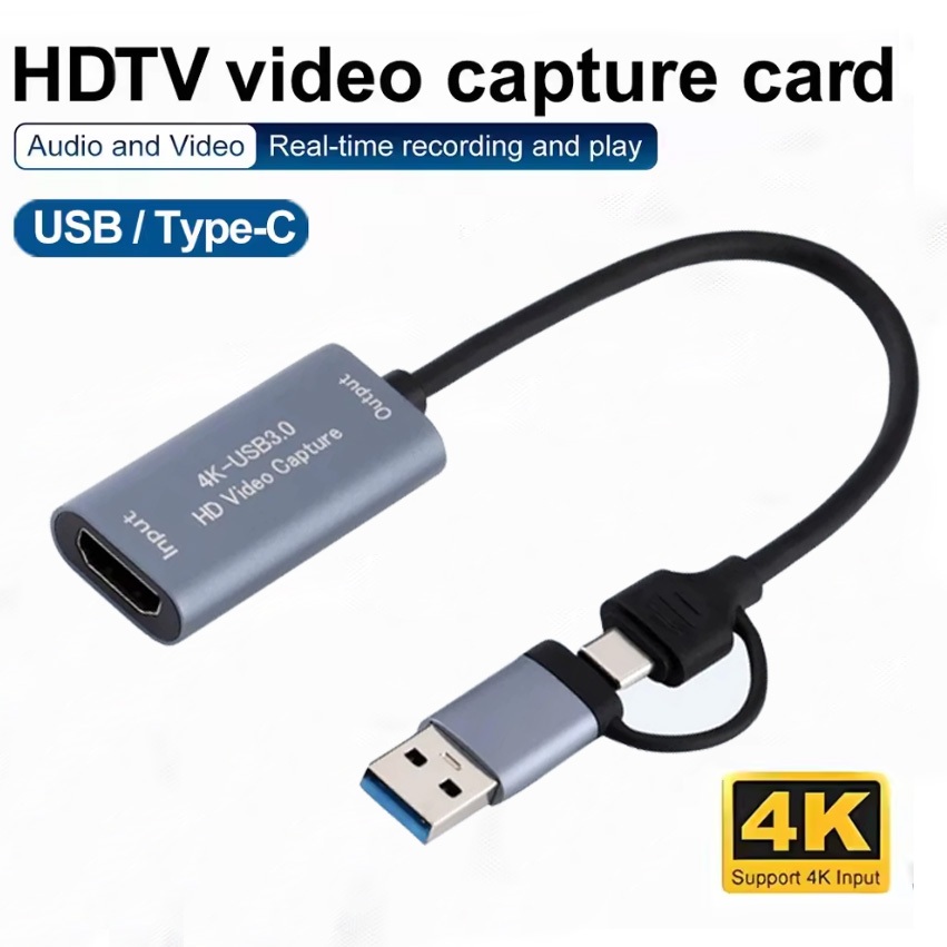 2-IN-1 HD 4K Video Capture Card HDMI to USB/Type-C Video Grabber Record Box for PS4 Game DVD Camcorder Camera Recording Live
