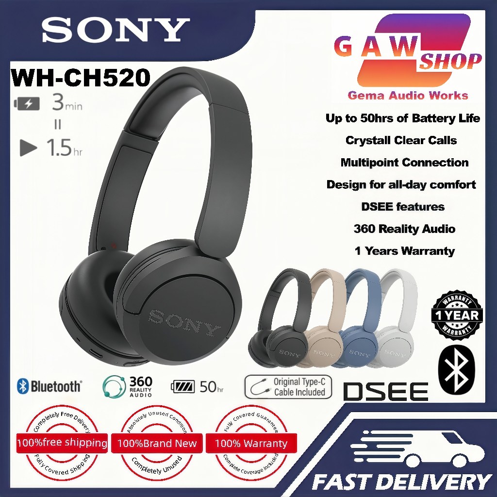 ? LIGHTWEIGHT CHAMPION? Sony WH-CH520 Wireless On-Ear Headphones: 50H Battery Life, Quick Charge 3min=1.5H, Ultra Lightweight 147g, DSEE Sound, Bluetooth 5.2, Multipoint Connect | Ready Stock Malaysia