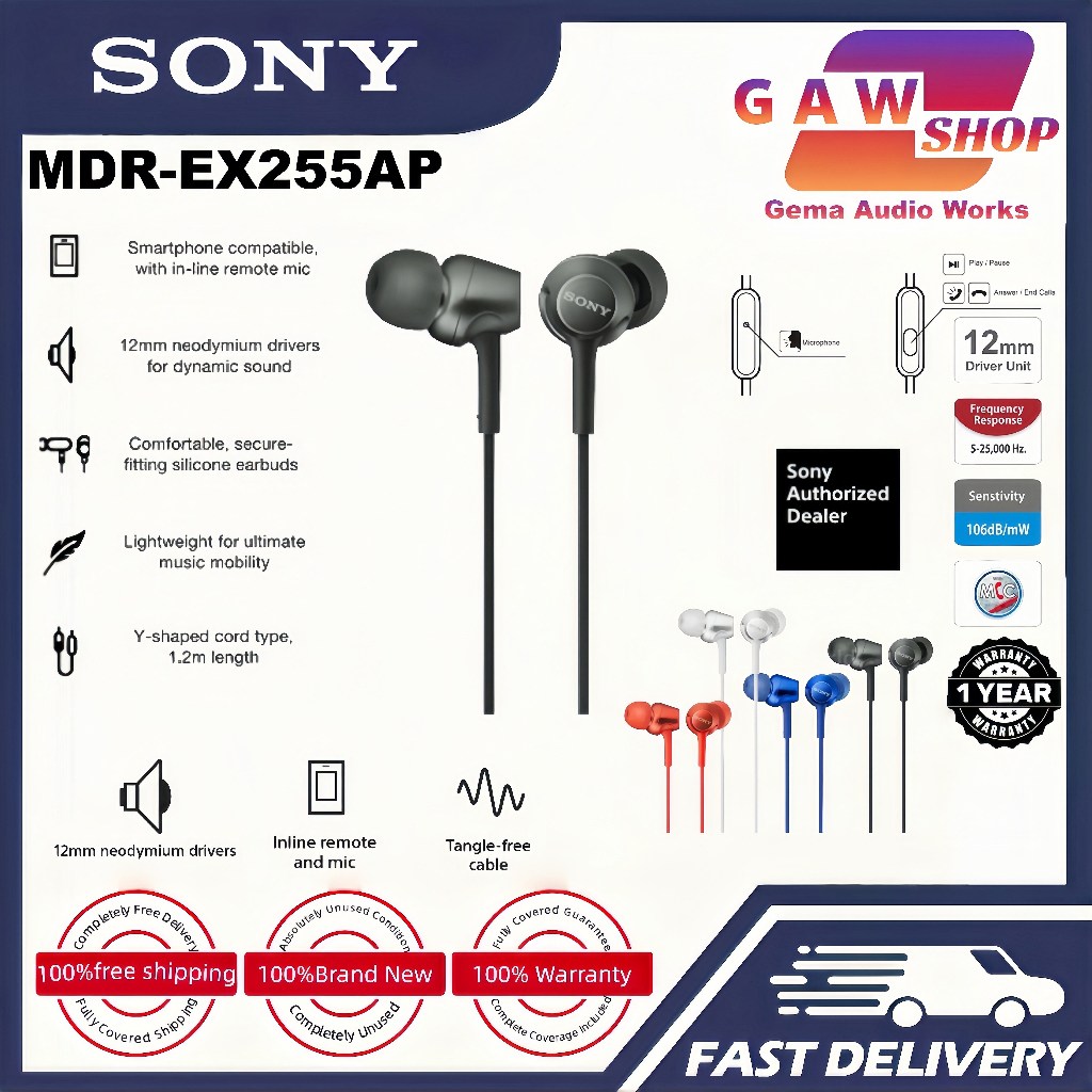 ? BUDGET HI-RES? Sony MDR-EX255AP Wired In-Ear Earphones: 12mm Driver for Clear Bass & Hi-Res Sound, Built-in Mic 3-Button Remote, Tangle-Free Cable, 4 Size Eartips | Local Stock Malaysia | For Smartp