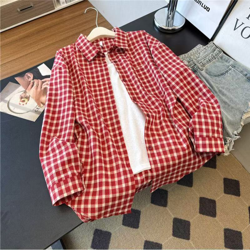Korean Style Women Ladies Loose Plaid Oversized Baggy Long Sleeve Shirt Blouse Baju Baju Wanita Lengan Panjang New Ready Stock