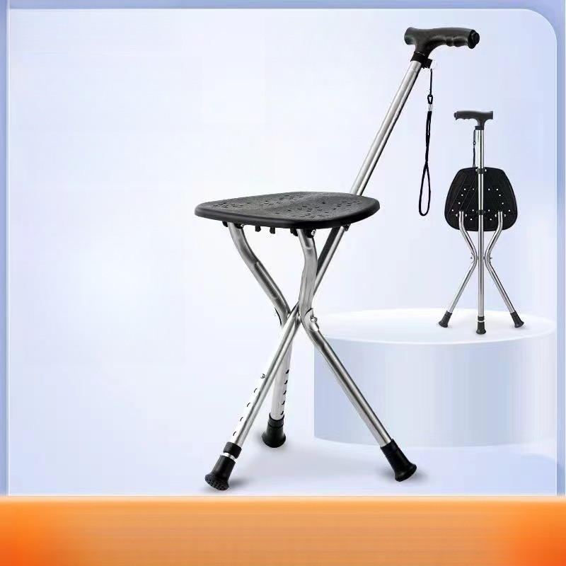 Walking Cane Stool Elderly Anti-slip Folding Walking Cane Chair、walking aid、walking cane、tongkat orang tua、tongkat lipat、tongkat 4 kaki、Foldable walking stick for elderly、tongkat kaki 4、拐杖椅子-- &&