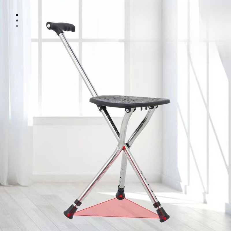 Walking Cane Stool Elderly Anti-slip Folding Walking Cane Chair、walking aid、 cane、tongkat orang tua、tongkat lipat、tongkat 4 kaki、Foldable stick for elderly、 kaki 4、拐杖椅子- && -