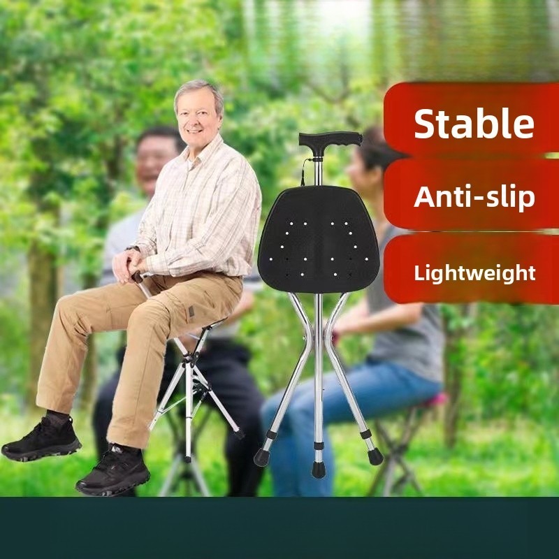 Walking Cane Stool Elderly Anti-slip Folding Walking Cane Chair、walking aid、walking cane、tongkat orang tua、tongkat lipat、tongkat 4 kaki、Foldable walking stick for elderly、tongkat kaki 4、拐杖椅子- ** &