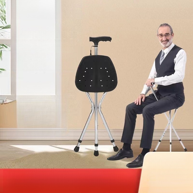 Walking Cane Stool Elderly Anti-slip Folding Walking Cane Chair、walking aid、walking cane、tongkat orang tua、tongkat lipat、tongkat 4 kaki、Foldable walking stick for elderly、tongkat kaki 4、拐杖椅子--- &