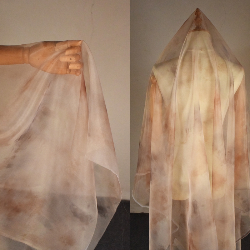 Ultra Thin Yarn Brown Print Transparent Chiffon Fabric for Skirt - Hanfu Style Price 0.5 meter (50cmX140cm)