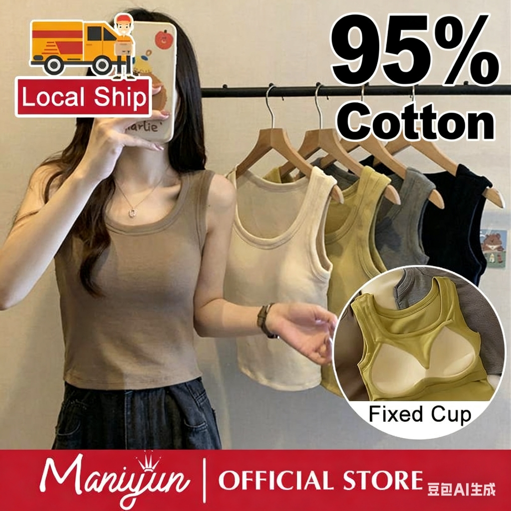 Maniyun 100g Fixed Cup 95% Cotton Singlet Women Sleeveless Camisole Inner Tank Top With Padded