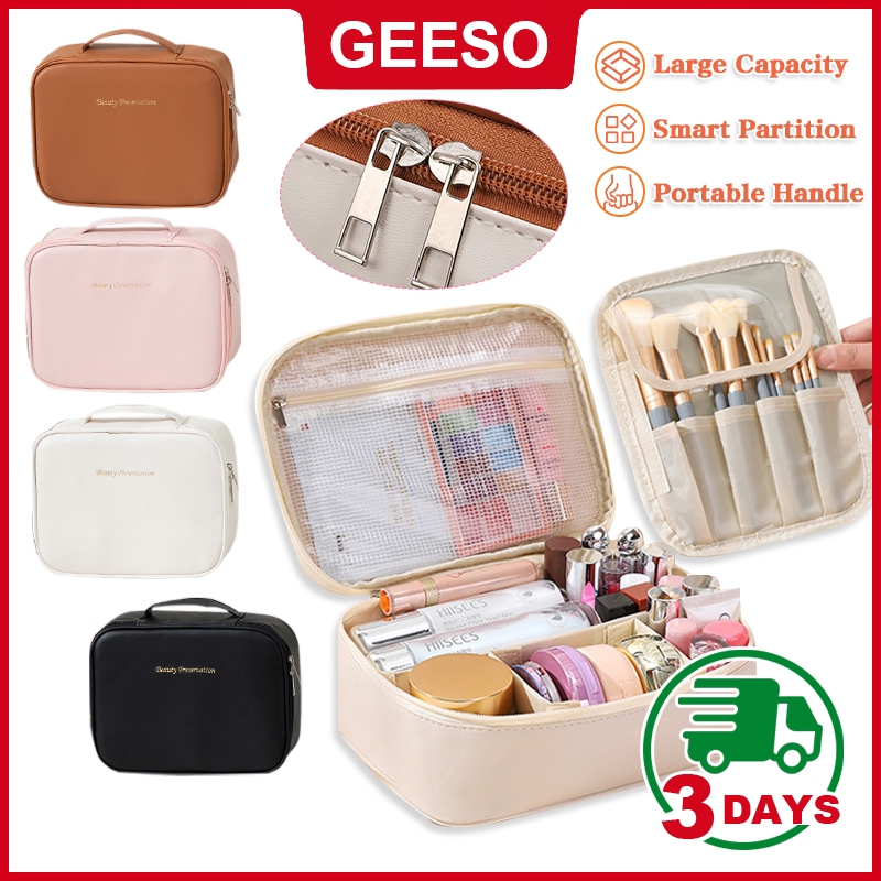 GEESO Korean Style 3in1 Multifunctional Smart Partition Makeup Bag PU Large Capacity Cosmetics Storage Bag for Women Travel Portable Hand-held Waterproof Toiletry Bag 多功能化妆包