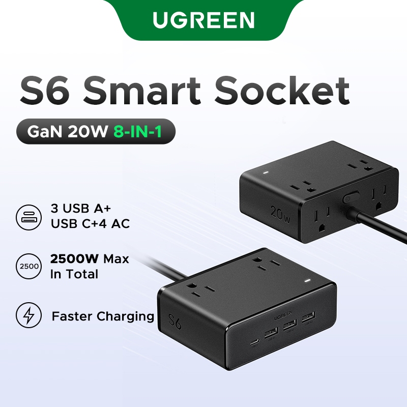 UGREEN S6 GaN20W 6-in 1 Smart Socket Magic Cube Socket USB C+USB A*3 +  AC*2 Multi-function Plug-in Board Multi-port Desktop Charging Station for Phone/Tablet/Small appliances