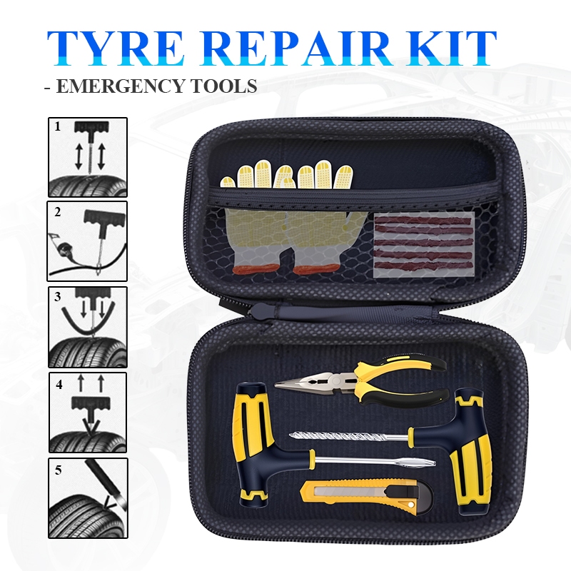 Tire Repair Kits 6 PCS Puncture Plug Patch Kit Case Portable Tire Patch Kit Emergency Tire Repairing Ideal Car Truck Motorcycle Bikes