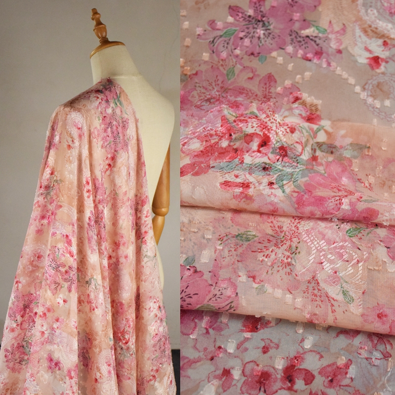 Elegant Chinese Style Sweet Pink Large Floral Print Chiffon Yarn Fabric for Dress Scarf Price 0.5 meter (50cmX145cm)