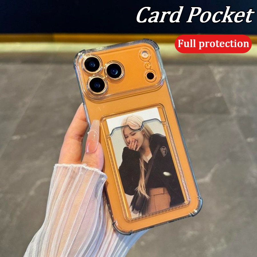 For iPhone Air 17 16 15 14 13 12 11 Pro Max 16 E  X XS Max XR 6 6S Plus 7 8 Plus SE 2020 Mini Transparent Card Photo Holder Shockproof Anti-fall Clear Case Cover