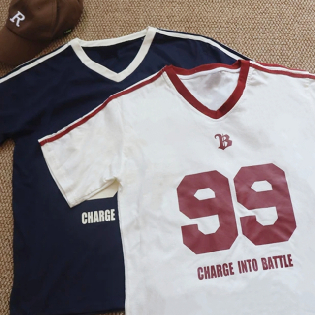 【READY STOCK】 CherryShop⭐American football uniform oversized printed half-sleeved T-shirt women  loose-fit casual tops couple wear