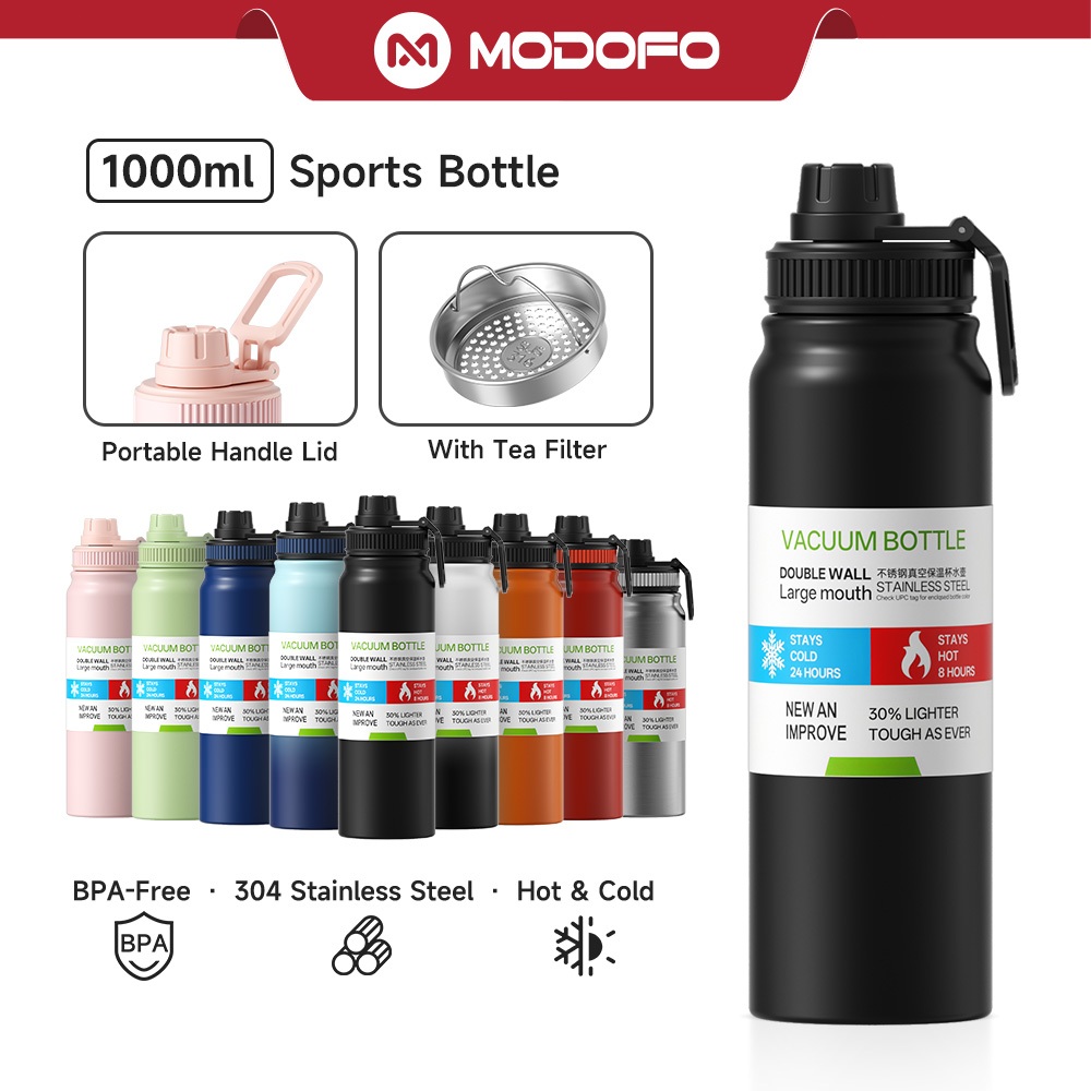 MODOFO 1000ml Sports Bottle Insulated Tumbler Stainless Steel Thermos Botol Water Bottle Vacuum Insulation Tumbler botol air tahan sejuk Portable Sports Cup Drinking Bottle
