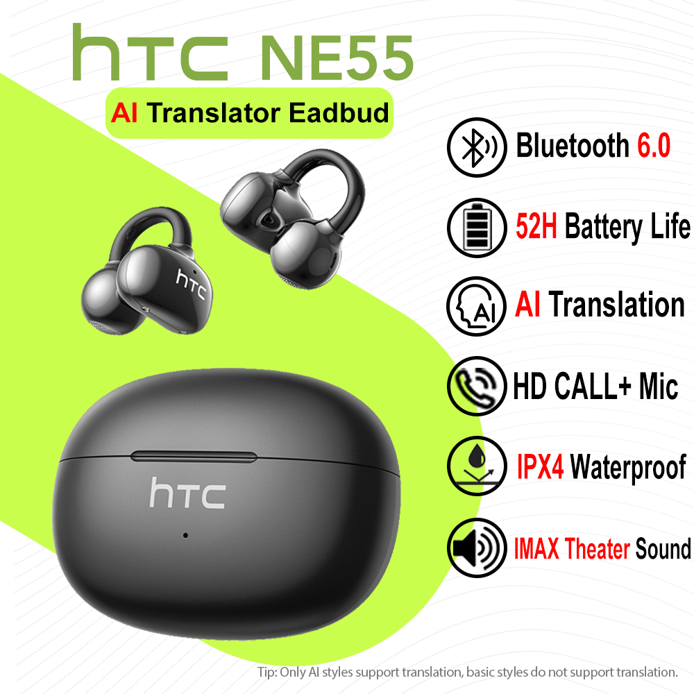 HTC NE55 AI Translator Earbud 134 Languages Translation IMAX Theater Sound Bluetooth 6.0 52H Battery Life Wireless Bluetooth Earphone With MIC HD Call Ear-clip Earphone IPX4 Waterproof