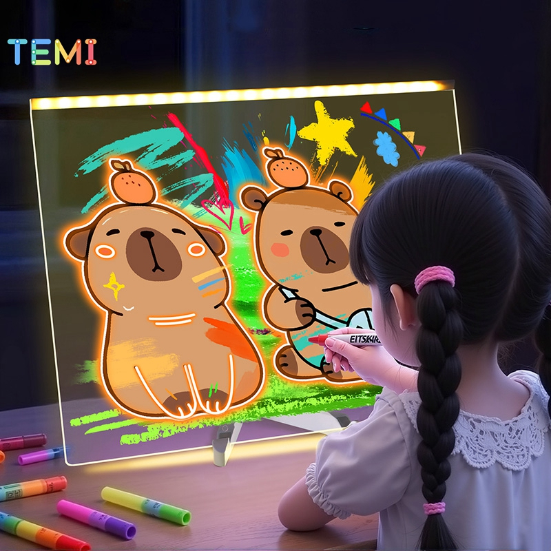 ⭐ Malaysia dalam stok ⭐TEMI LED Luminous Drawing Board Toys USB LED Night Light With Stand Erasable Message Note Board Kids Gift