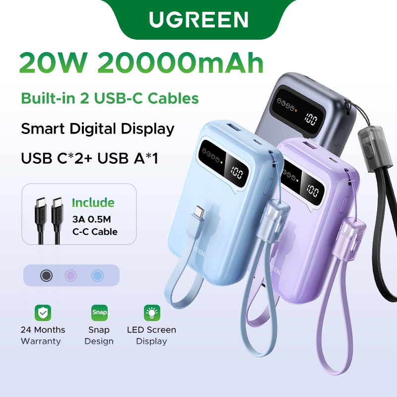 UGREEN Power Bank 20000mAh PD 22.5W 20W Fast Charging Powerbank Built in Dual-Cable Portable Charger Digital Display For Phone
