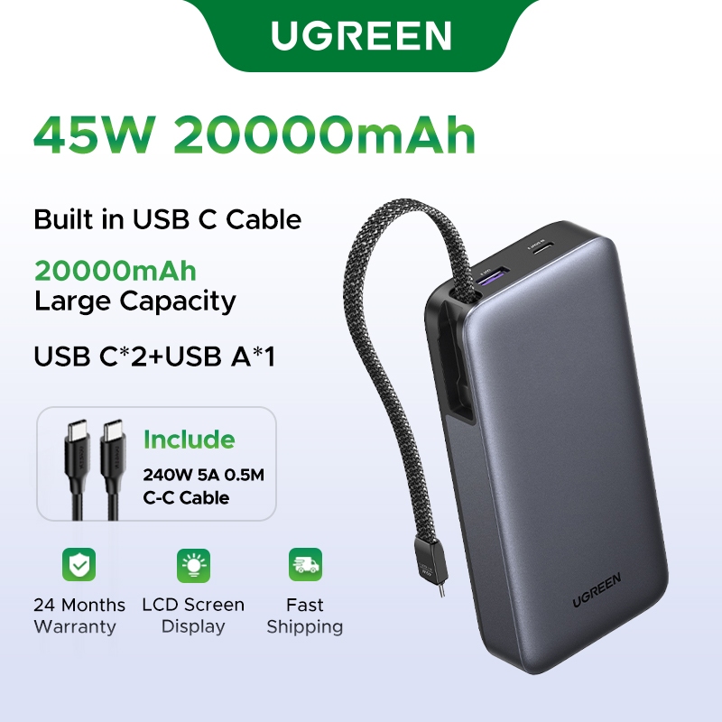 UGREEN 45W Power Bank, 20,000mAh Portable Charger with Built in USB C Cable, Fast Charging Battery Powerbank