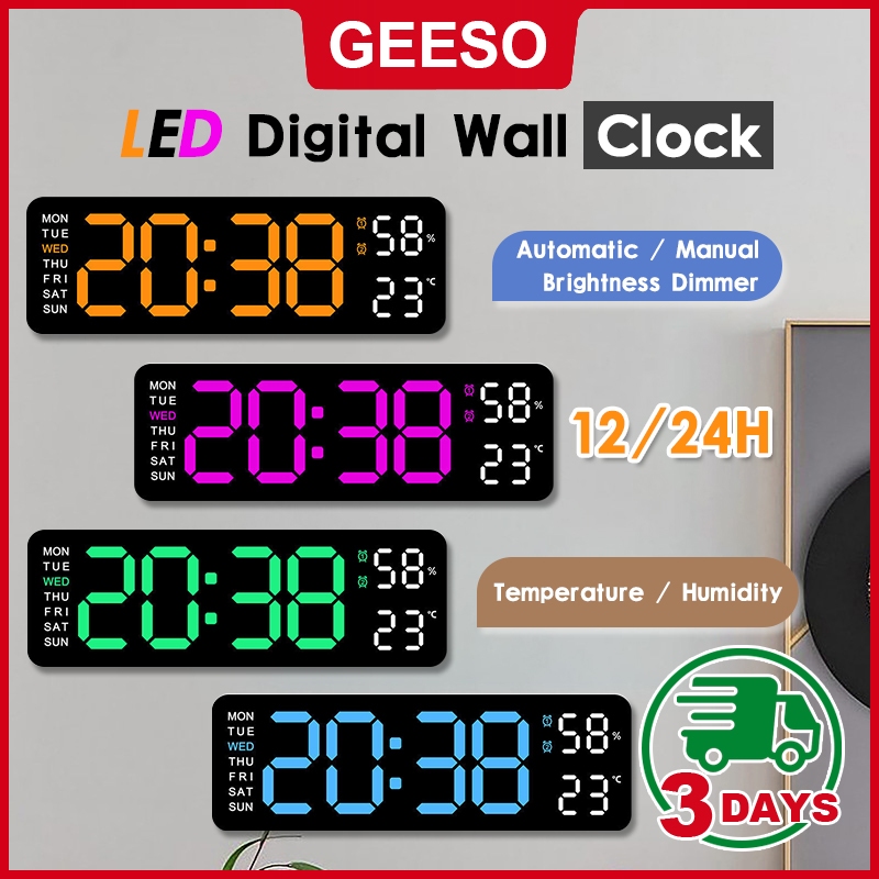 GEESO LED Digital Wall Clock Large Display Alarm Clock for Living Room LED Wall Clock Timer 12/24H Automatic Brightness Dimmer 数字挂钟