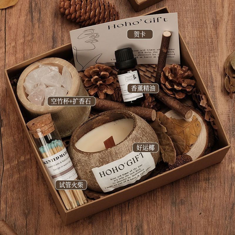 [Lucky Coconut Fragrance] Niche Aromatherapy Candle Gift Box | High-value Diffuser Stone Practical Gift | Birthday Gift for Girls Creative Souvenir