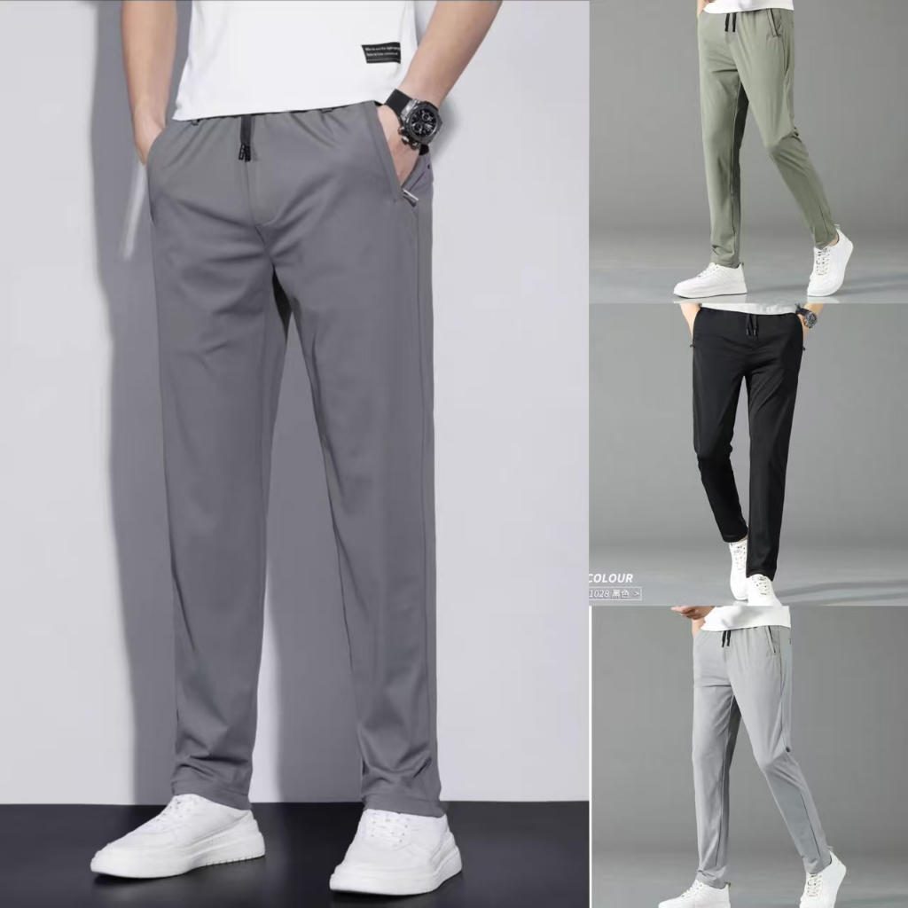 【Ready Stock】High grade ice silk pants Men's elastic casual pants Men's middle-aged and young elastic waist loose sports thin straight pants