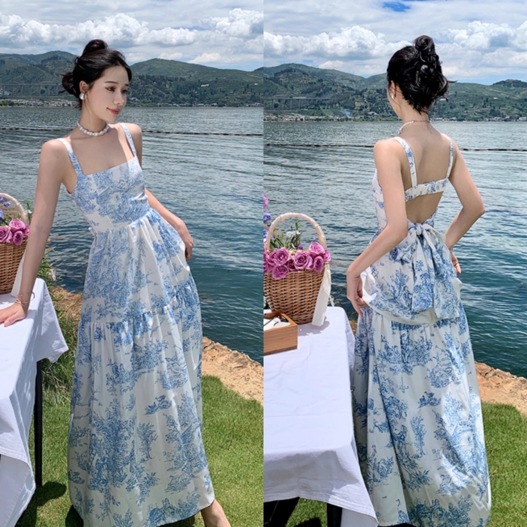 blue casual dress women off shoulder dress plus size long dress korean style floral dress sleeveless beach dress sexy fit elegant dress dinner dress women for party