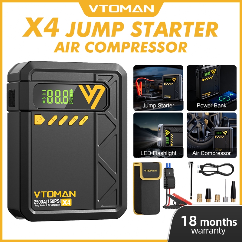 VTOMAN X4 Car Jump Starter with Air Compressor Pump, LED Lights, Power Bank