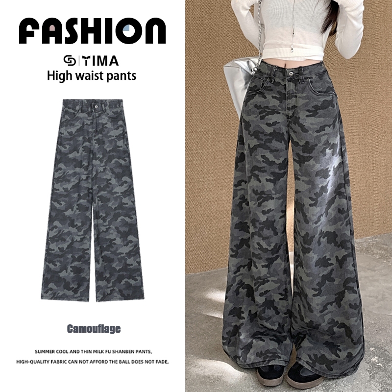 GDTIMA Baggy Camouflage Jeans Women Denim Cargo Pants High Waist Wide Leg Loose Streetwear Trouser