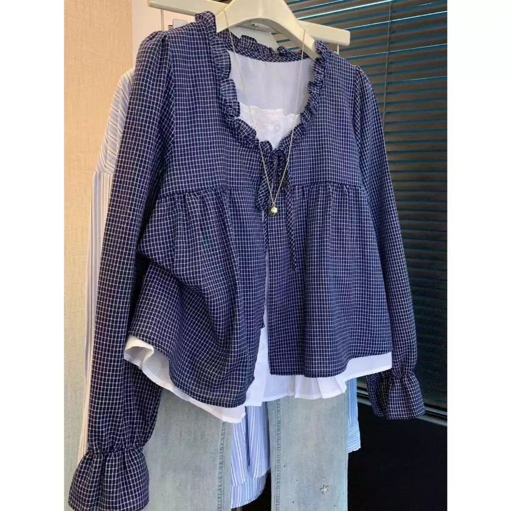 Women Fashion retro loose square collar long sleeve plaid cake lace shirt blouse tops