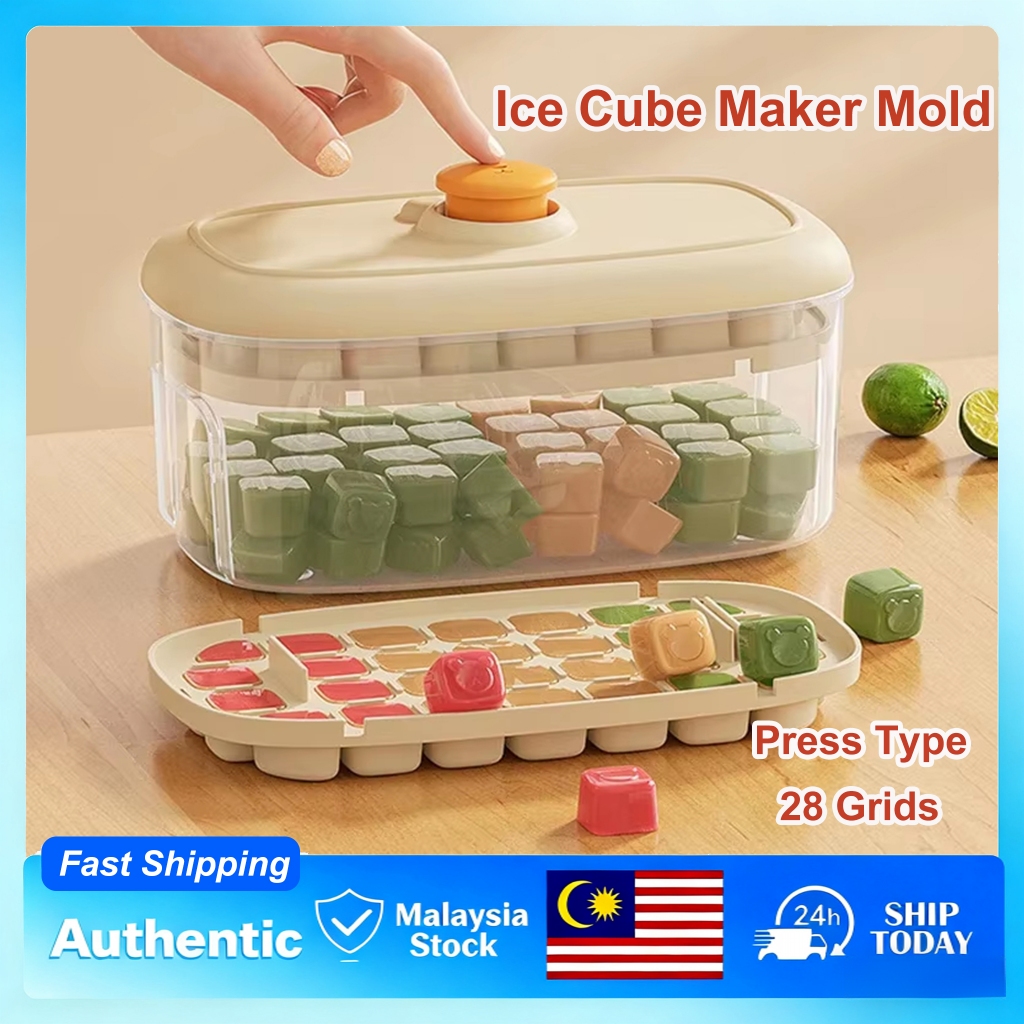 Acuan Ais Tekan Gred Makanan dengan Penutup Bekas Ais Rumah Mudah Alih Cetakan Kiub Ais Mudah Dikeluarkan Alat Dapur Minuman Food Grade Press Type Ice Cube Maker with Lid Household Ice Tray Mold Easy Release Ice Box 食品級按壓式製冰模具