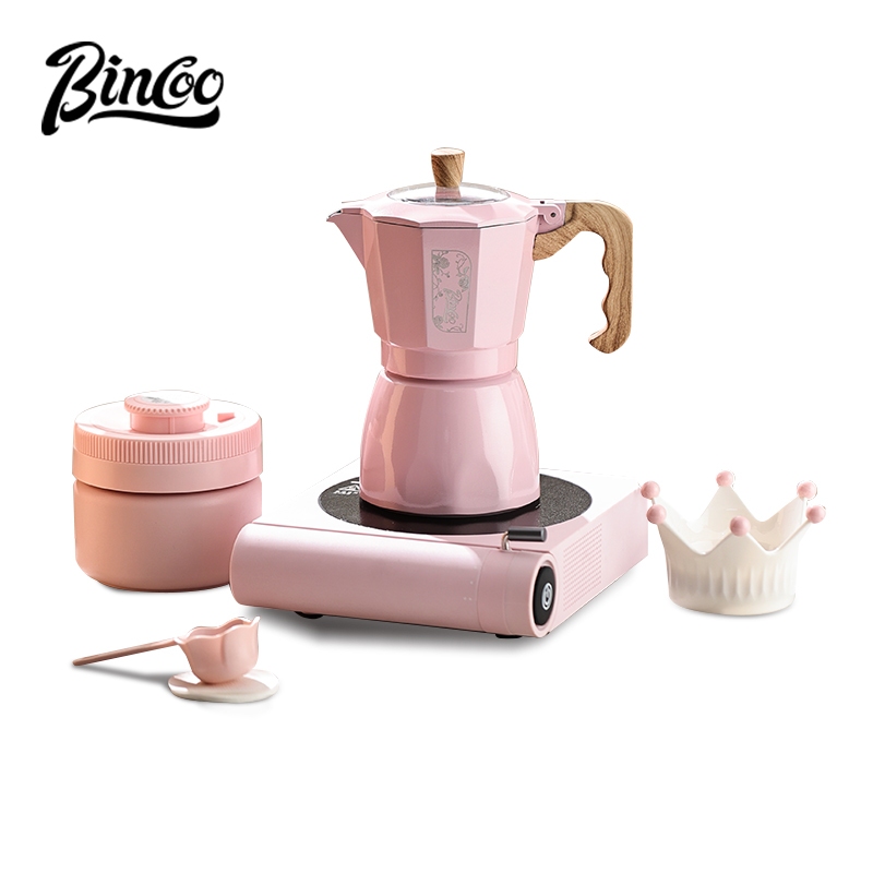 BINCOO Pink Double-Valve Moka Pot Set Home Electric Ceramic Stove Heating Base Coffee Maker Concentrated Extraction Italian Espresso Machine 2Cups/4Cups
