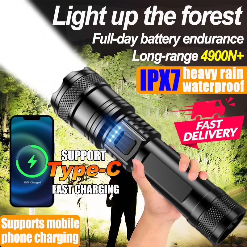 【24-hour delivery】Light up the forest LED Flashlight Lampu suluh terang jarak jauh Zoomable with Power Display USB Rechargeable torch light super bright camping light IPX7 waterproof 4900N+