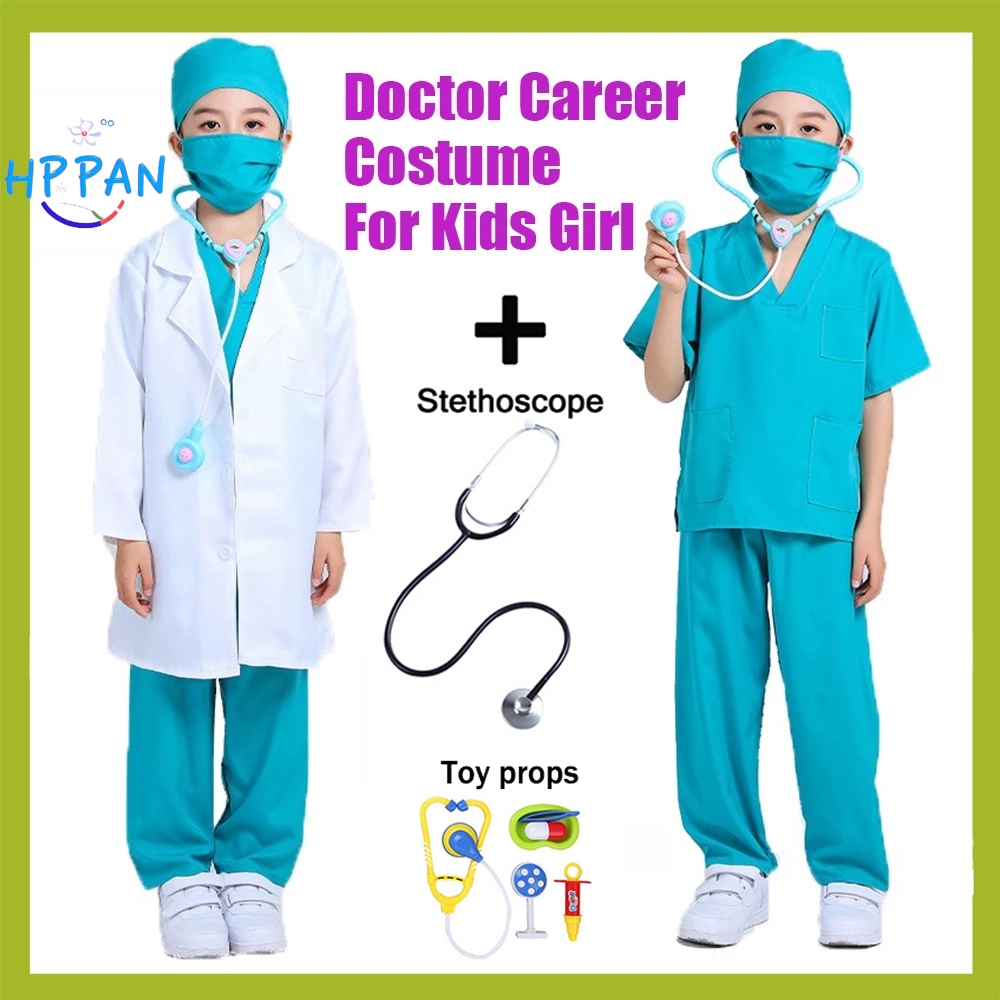 Children's doctor costumes, boys and girls doctor nurse uniforms, doctor work clothes suits, professional role-playing white/pink/green tops, medical toy props stethoscope syringe