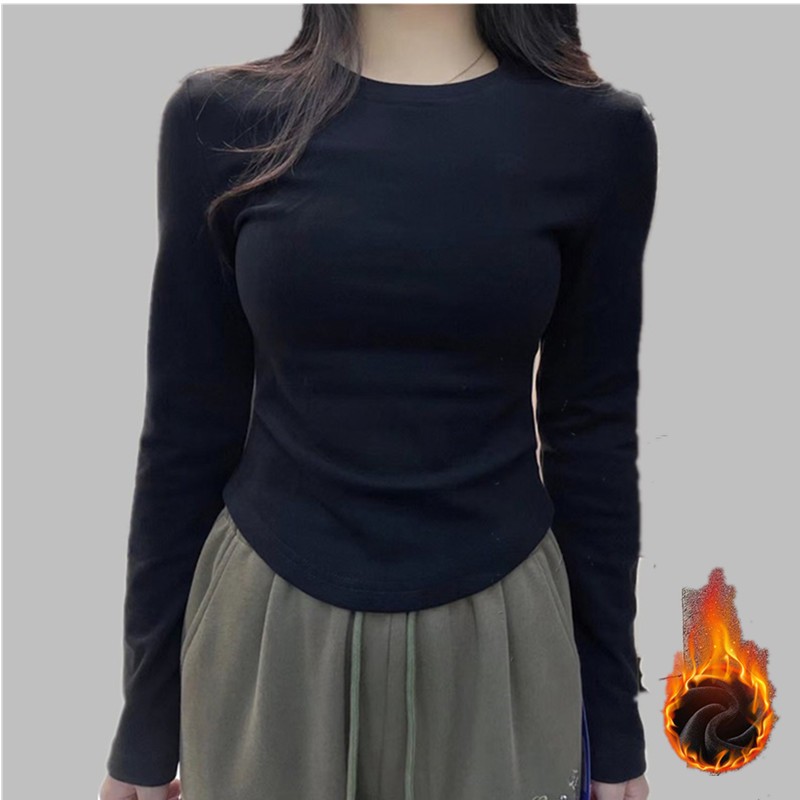【WJZ】Women's Korean style fashionable plus velvet warm round neck long sleeve top【6926】