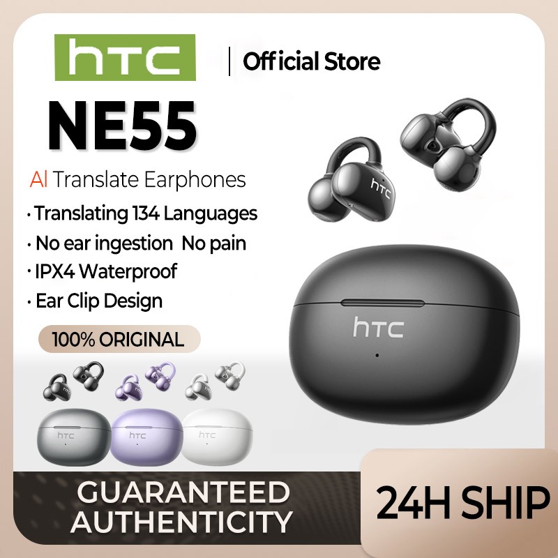 HTC NE55 AI Translator Earbud Earclip Earphone Wireless Earphones Bluetooth Earphones Sport Headset IMAX Theater Sound Field Super Long Battery Life 135 Translation Language Waterproof Earbuds
