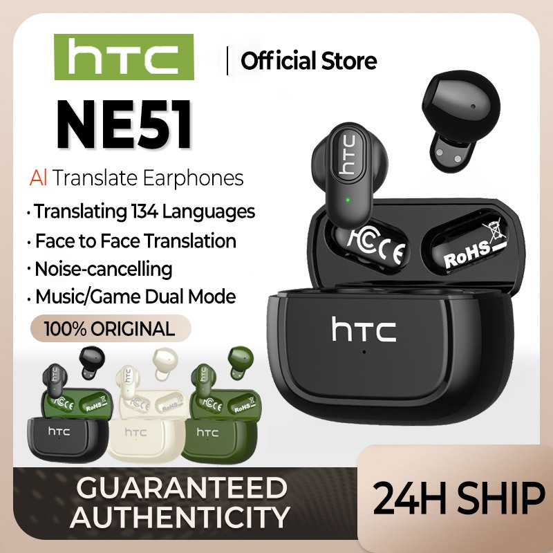 HTC NE51 AI Translator Earbud TWS Wireless Bluetooth Earphone Noise Reduction HiFi Music HD Call Bluetooth 6.0 Headset With Microphone
