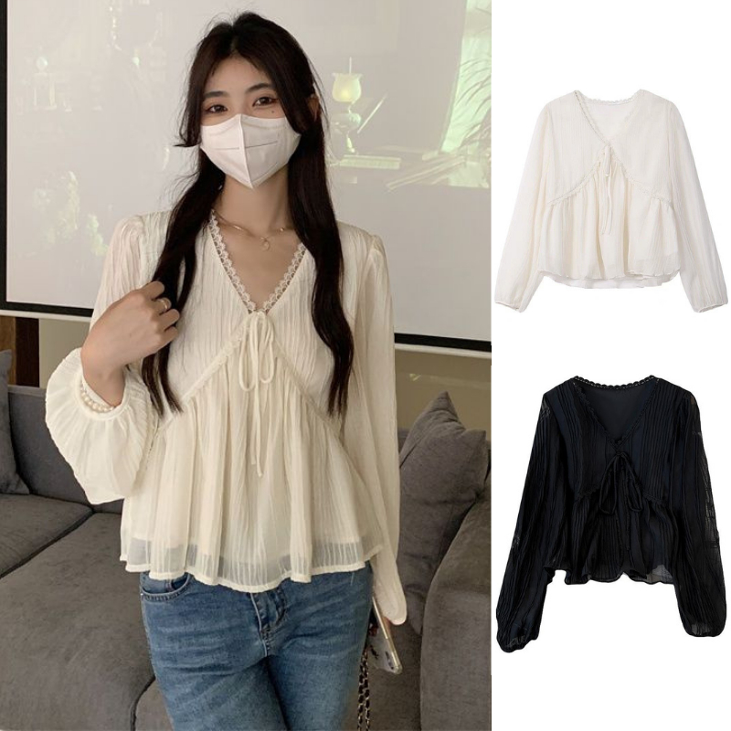 ?MiHo?Blouse Women Korean Style Ladies Loose Solid Color V Neck Long Sleeve Shirt Plus Size Baju Kemeja Perempuan Classy Outfit