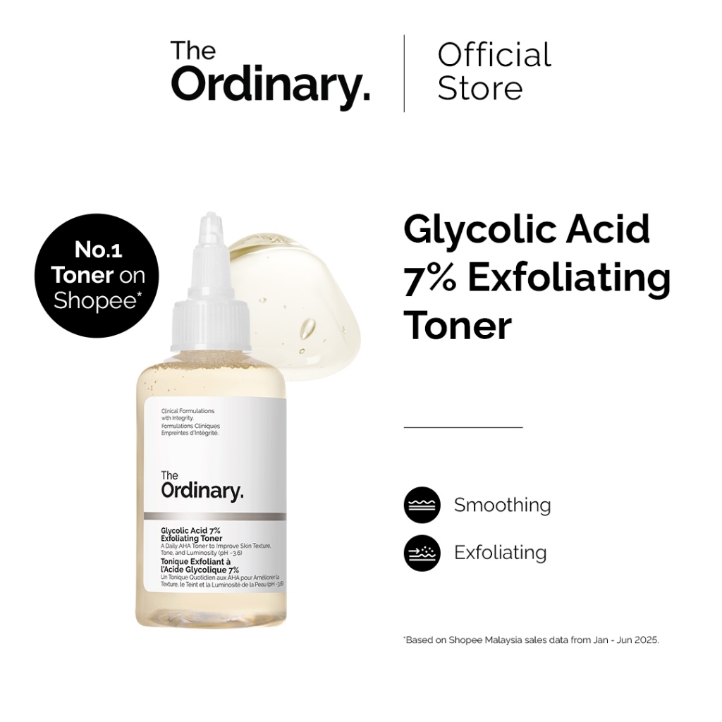 The Ordinary Glycolic Acid 7% Exfoliating Toner - 240mL | Smooth Skin, AHA Toner