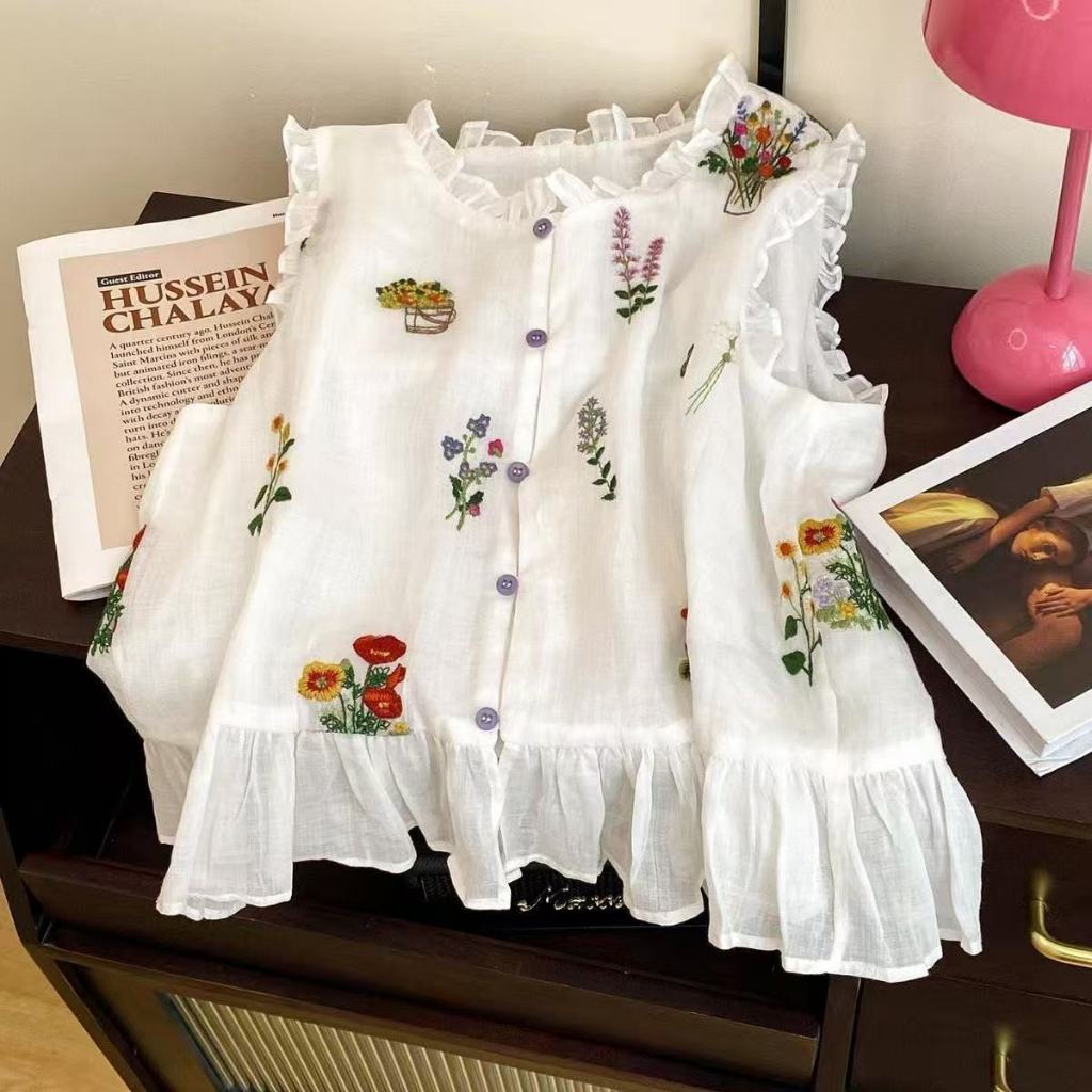 Korean Style Women Ladies Loose Floral Print Ruffle Sleeveless Shirt Blouse Baju Baju Wanita Lengan Panjang