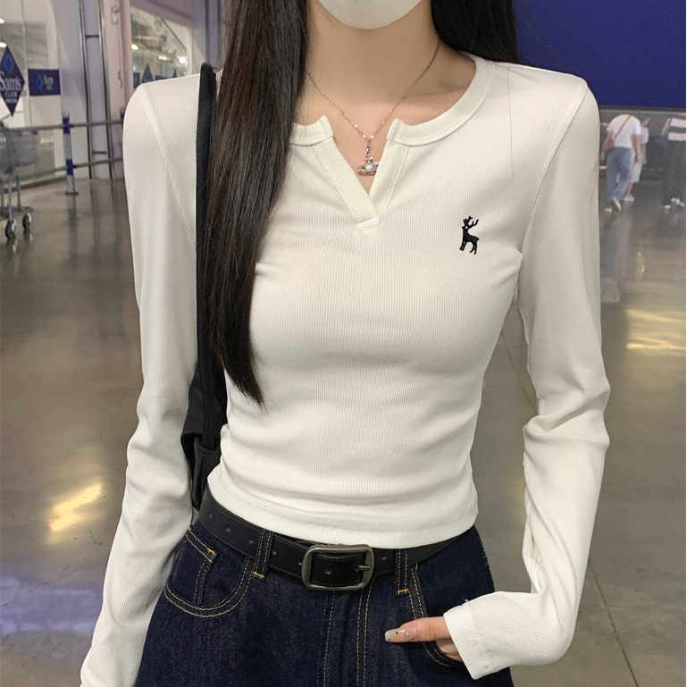 【WJZ】Korean Fashion Women's Embroidered Half-Open Collar Slim Fit Long Sleeve T-shirt【7835】