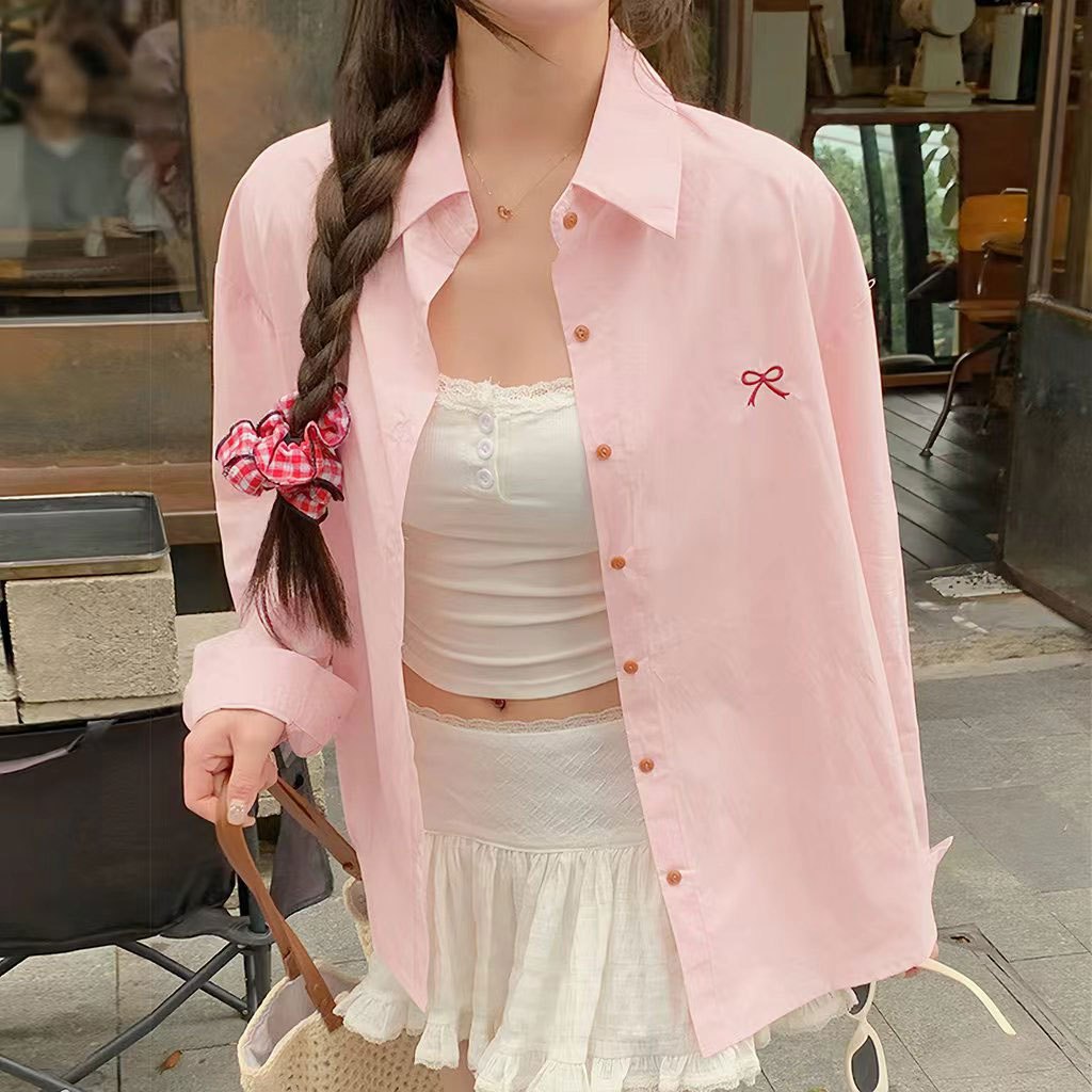 Crush Fashon Korean Style Sweetness Pink Bow Embroidery Polo Neck Shirt for Women Loose Casual Long Sleeve Draped Blouse