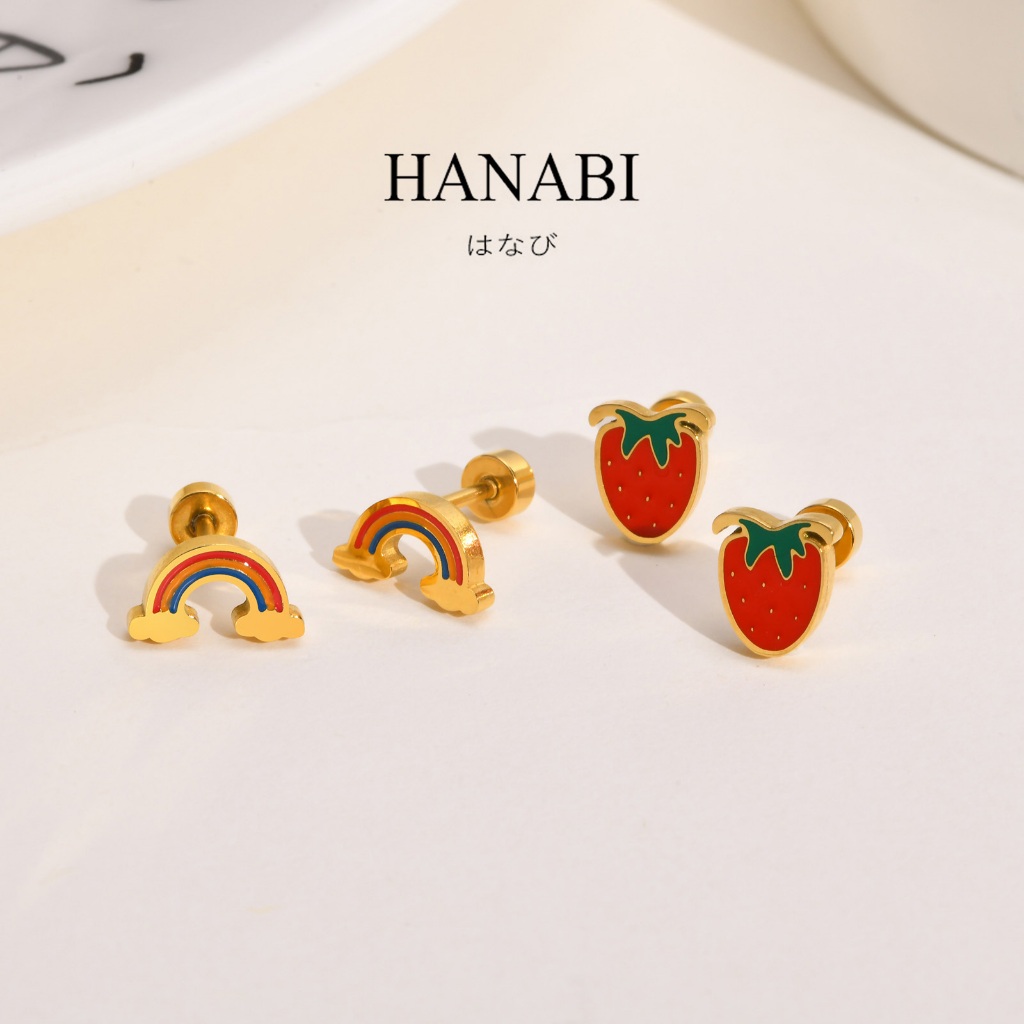 HANABI Gold Strawberry Rainbow Cartoon Cute Earrings, Stainless Steel Hypoallergenic Earrings for Baby Girl Kids Women