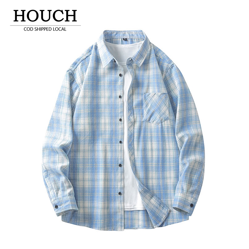 HOUCH COD Flannel Shirt with Blue Sky Check Pattern Long Sleeve Men's and Women's