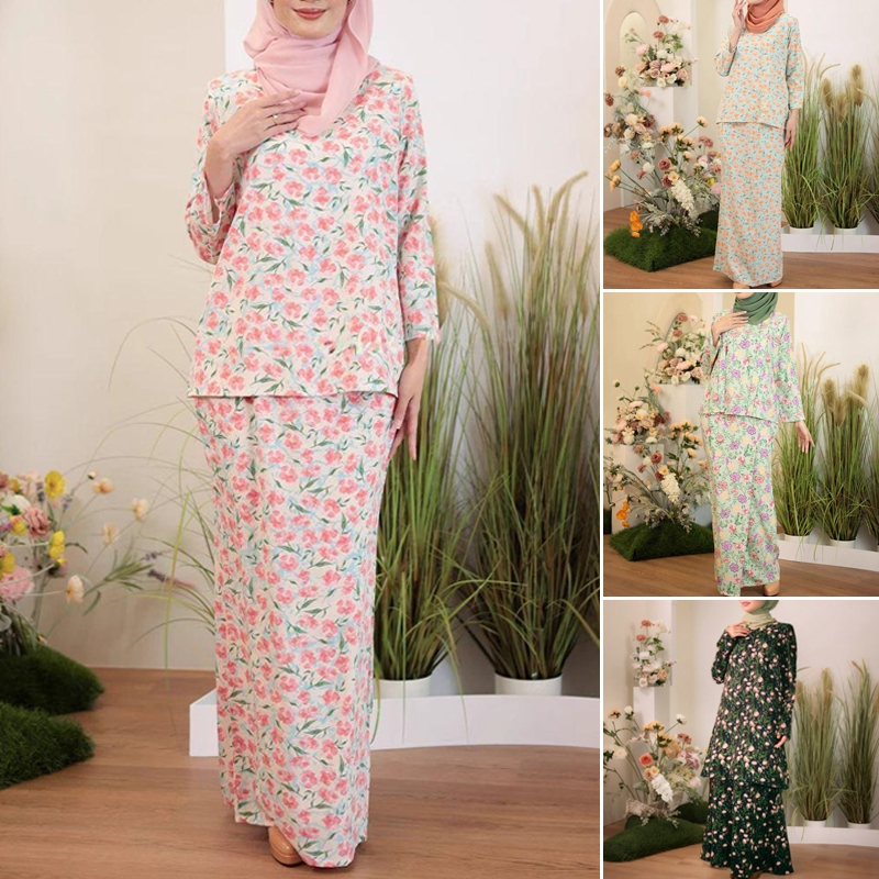 GDTIMA NEW Baju Kurung Cotton Muslimah Kebaya Moden Sets Baju Raya Student Floral Dress