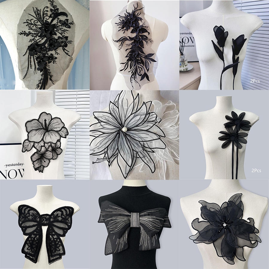 Black 3D Lace Embroidery Patch For Wedding Dress Accessory DIY Decoration Craft
