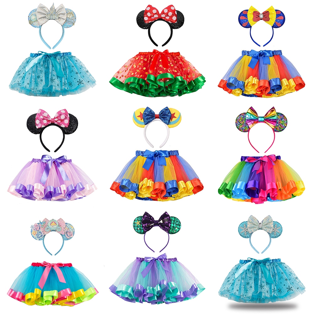 Princess Birthday Theme Party Dress Up Costume Rainbow Tutu Skirt with Bows and Headband Dress Up Set