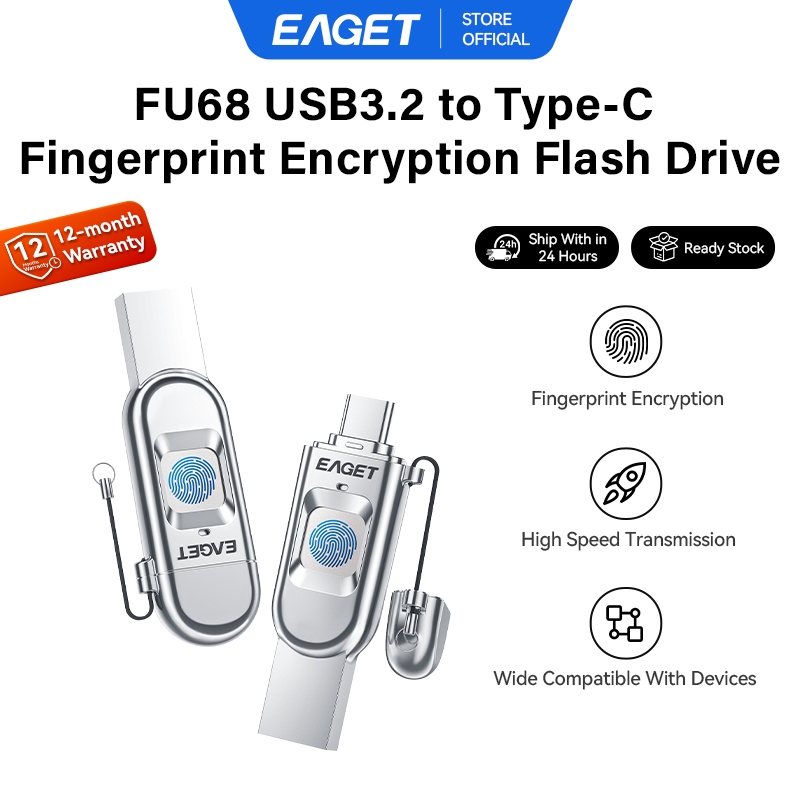 EAGET FU68 Fingerprint Encryption Type-C & USB 3.2 Gen 1 Flash Drive (64GB/128GB/256GB/512GB)